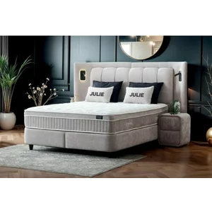 Pat + Saltea Gratis Julie 180x200 Cu LED și Lada Depozitare, Stofă Symphony Pearl,  Bej
