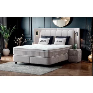 Pat + Saltea Gratis Julie Cu LED și Lada Depozitare, Stofă Symphony Pearl, 160x200 cm, Bej