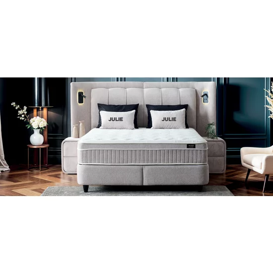 Pat + Saltea Gratis Julie Cu LED și Lada Depozitare, Stofă Symphony Pearl, 160x200 cm, Bej picture - 2