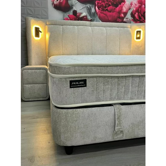 Pat + Saltea Gratis Julie Cu LED și Lada Depozitare, Stofă Symphony Pearl, 160x200 cm, Bej picture - 8