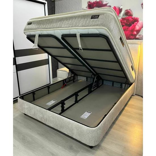 Pat + Saltea Gratis Julie Cu LED și Lada Depozitare, Stofă Symphony Pearl, 160x200 cm, Bej picture - 9