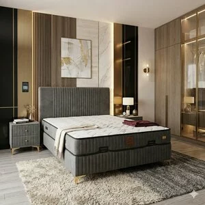 Pat + Saltea gratis Nova, gri - 140x200 cm, lada depozitare, tesatura premium