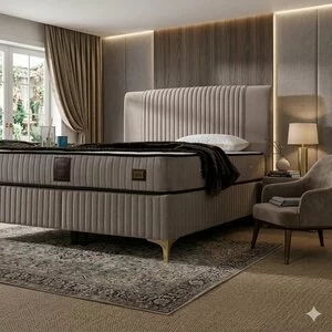 Pat + Saltea gratis Nova, crem - 140x200 cm, lada depozitare, tesatura premium