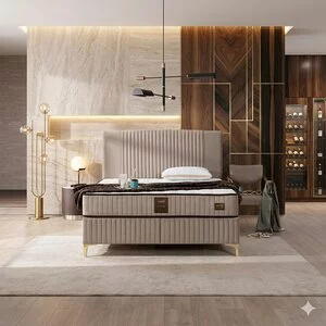 Pat + Saltea gratis Nova, crem - 180x200 cm,  lada depozitare, tesatura premium