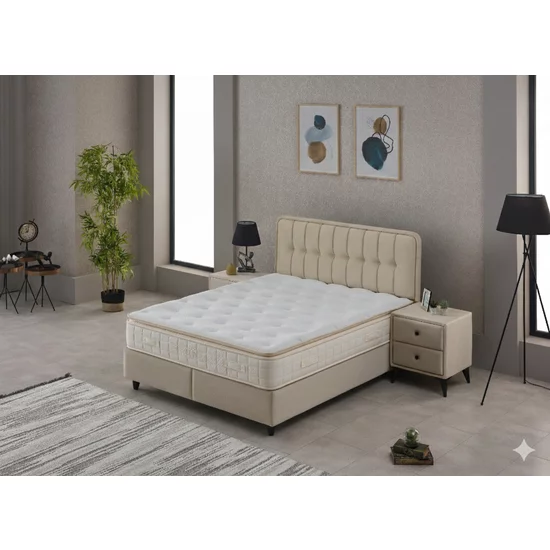 Pat + Saltea gratis Ortax, crem - 160/200 cu somiera rabatabila, lada de depozitare si tesatura premium picture - 5