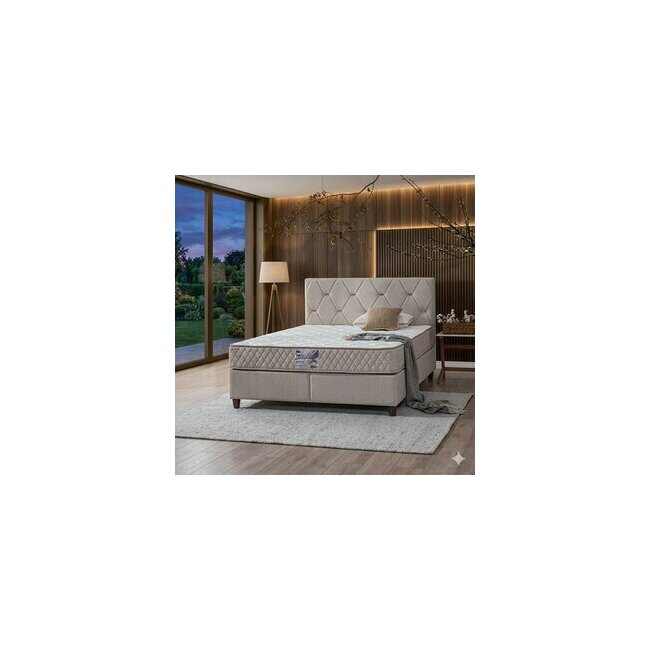 Pat + Saltea gratis Yakut, crem - 160x200 cm, capitonare eleganta, spatiu depozitare, confort ortopedic