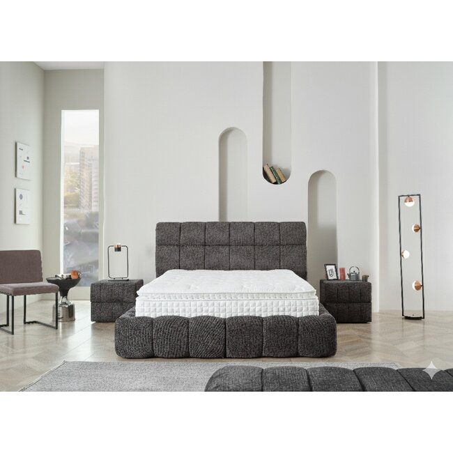 Pat +Saltea gratis Bubly, gri - 160/200 cm , cu somiera rabatabila, lada de depozitare si tesatura premium