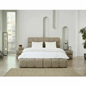 Pat +Saltea gratis Bubly,bej - 140/200, cu somiera rabatabila, lada de depozitare si tesatura premium