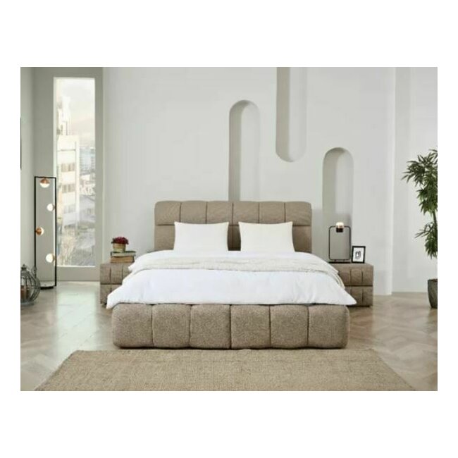 Pat +Saltea gratis Bubly,bej - 140/200, cu somiera rabatabila, lada de depozitare si tesatura premium