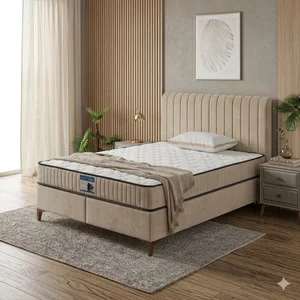 Pat +Saltea gratis Carla, bej - 160x200 cm, design modern, capitonare elegantă, structură robustă, țesătură respirabilă