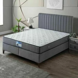 Pat +Saltea gratis Carla, gri - 160x200 cm, design modern, capitonare elegantă, structură robustă, țesătură respirabilă