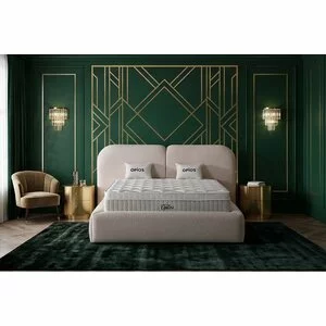 Pat +Saltea Gratis tapițat Opios 140x200 cm crem cu somieră rabatabilă si  ladă depozitare