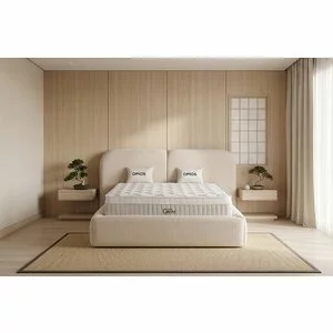 Pat +saltea Gratis tapițat Opios 160x200 cm crem cu somieră rabatabilă, ladă depozitare
