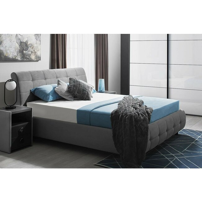 Pat Samba cu somieră rabatabilă, ladă de depozitare, spătar tapițat cu stofă catifelata, PAL melaminat, 140x200 cm, gri