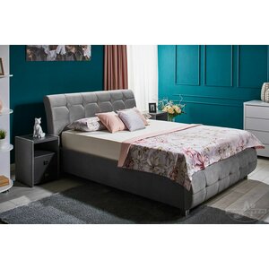 Pat Samba cu somieră rabatabilă, ladă de depozitare, spătar tapițat cu stofă catifelata, PAL melaminat, 160x200 cm, gri