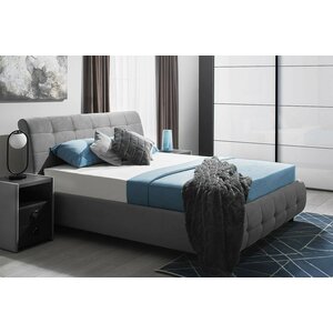 Pat Samba cu somieră rabatabilă, ladă de depozitare, spătar tapițat cu stofă catifelata, PAL melaminat, 180x200 cm, gri