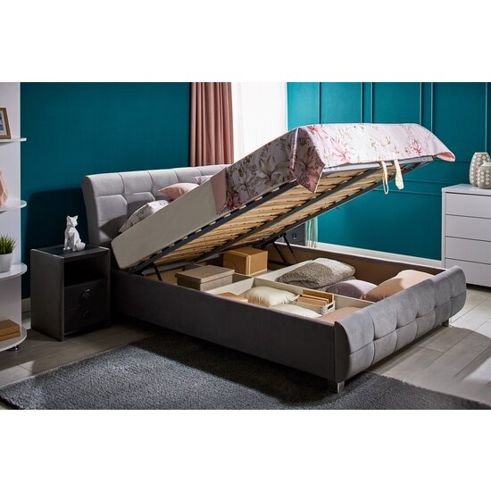 Pat Samba cu somieră rabatabilă, ladă de depozitare, spătar tapițat cu stofă catifelata, PAL melaminat, 180x200 cm, gri picture - 2