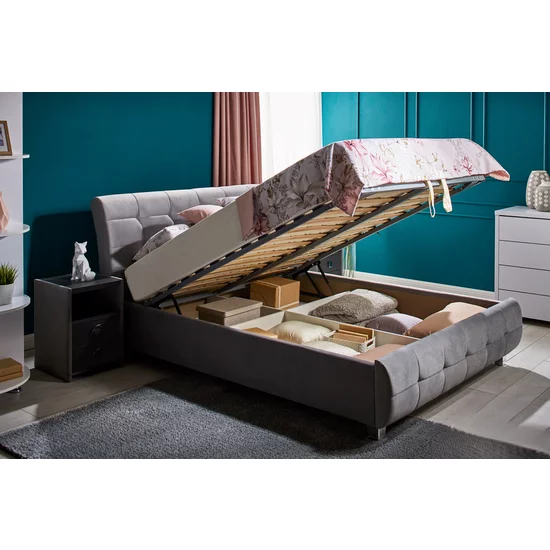 Pat Samba cu somieră rabatabilă, ladă de depozitare, spătar tapițat cu stofă catifelata, PAL melaminat, 180x200 cm, gri picture - 2