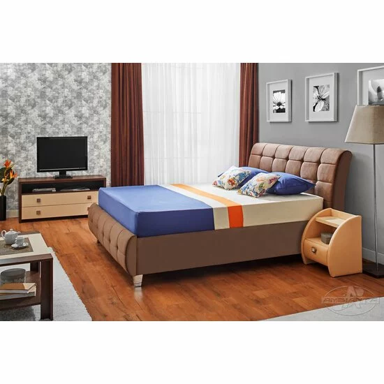 Pat Samba cu somieră rabatabilă, ladă de depozitare, spătar tapițat cu stofă catifelata, PAL melaminat, 180x200 cm, maro picture - 2