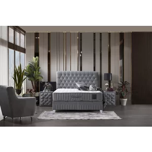 Pat Sensitive, ladă depozitare + somieră rabatabilă, design tapițat modern, cadru metalic + lemn, 140x200 cm, gri, personalizabil