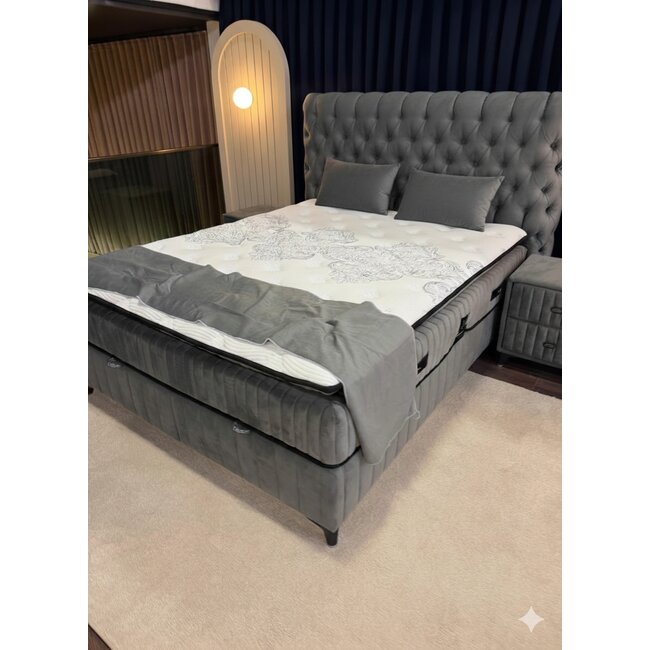 Pat Tapițat + Saltea gratis, Finesse, gri -160x200 cm, somieră rabatabilă și ladă depozitare