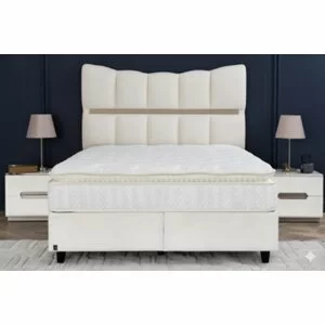 Pat Tapițat + Saltea Gratis Extra Comfort, bej MK-2713- 140x200 cm, somieră rabatabilă, spațiu depozitare
