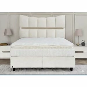 Pat Tapițat + Saltea Gratis Extra Comfort, bej MK-2713- 180x200 cm, somieră rabatabilă, spațiu depozitare
