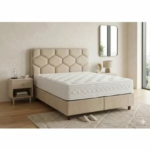 Pat Tapițat + Saltea gratis, Wool & Cotton, bej - 180/200 cm, boxspring cu depozitare