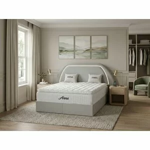 Pat tapițat cu Saltea Gratis,  Anna 140x200 cm crem cu somieră rabatabilă, ladă depozitare
