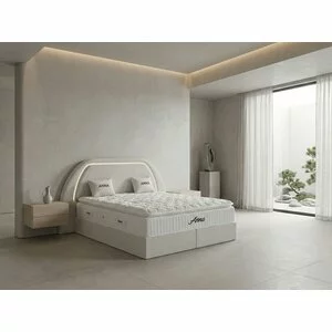 Pat tapițat cu Saltea Gratis,  Anna 160x200 cm crem cu somieră rabatabilă, ladă depozitare