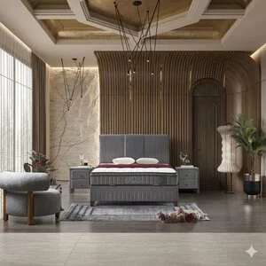 Pat Tapițat cu saltea Gratis Bella, gri - 140X200 cm, ladă depozitare, tapițerie catifea premium, structură metal + PAL