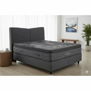 Pat Tapițat + Saltea gratis, Black Stone, gri - 180/200 cm, somieră metalică rabatabilă și ladă depozitare