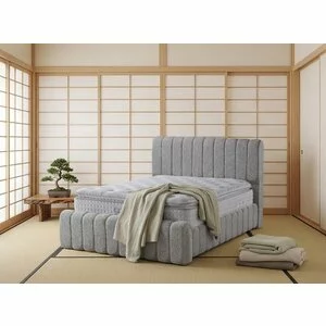 Pat tapițat cu Saltea Gratis,  Boss 140x200 cm crem cu somieră rabatabilă, ladă depozitare