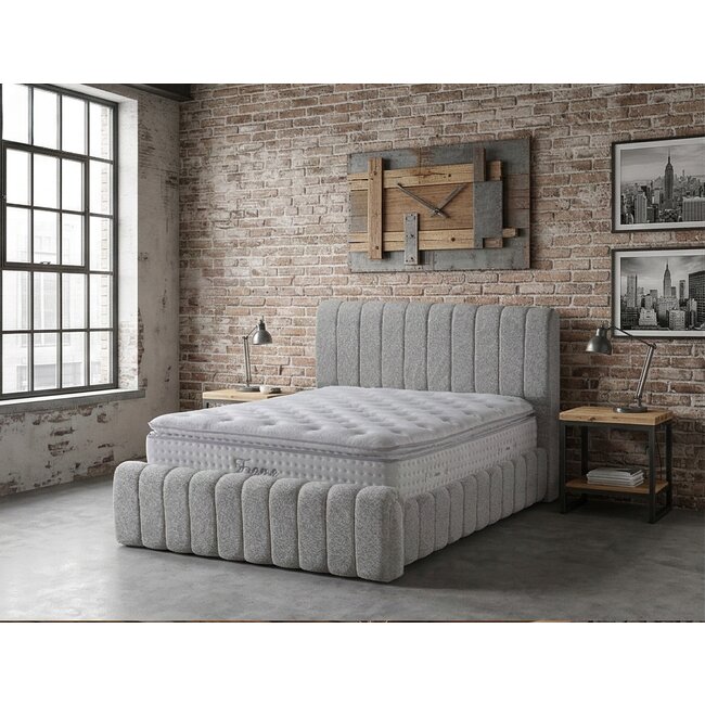 Pat tapițat cu Saltea Gratis, Boss 160x200 cm crem cu somieră rabatabilă, ladă depozitare