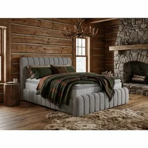 Pat tapițat cu Saltea Gratis,  Boss 180x200 cm crem cu somieră rabatabilă, ladă depozitare