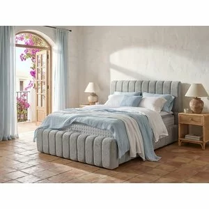 Pat tapițat cu Saltea Gratis,  Boss 200x200 cm crem cu somieră rabatabilă, ladă depozitare