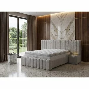 Pat tapițat cu Saltea Gratis,  Boss XXL 140x200 cm crem cu somieră rabatabilă, ladă depozitare