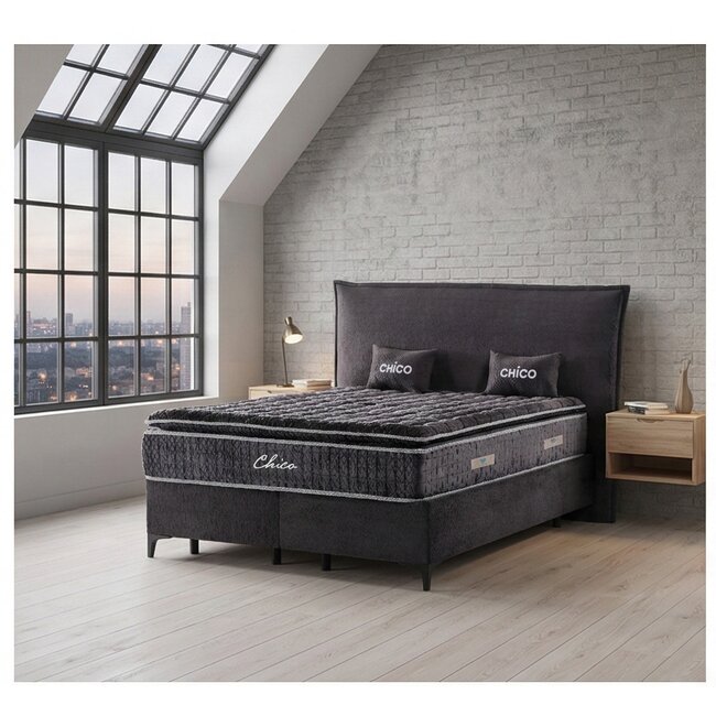 Pat tapițat cu Saltea Gratis, Chico 160x200 cm gri cu somieră rabatabilă, ladă depozitare