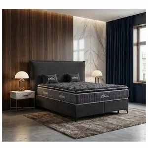 Pat tapițat cu Saltea Gratis,  Chico 200x200 cm gri cu somieră rabatabilă, ladă depozitare