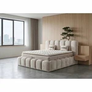 Pat tapițat cu Saltea Gratis,  Cosmos 180x200 cm crem cu somieră rabatabilă, ladă depozitare