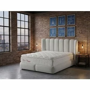 Pat tapițat cu Saltea Gratis,  Disney 200x200 cm crem cu somieră rabatabilă, ladă depozitare