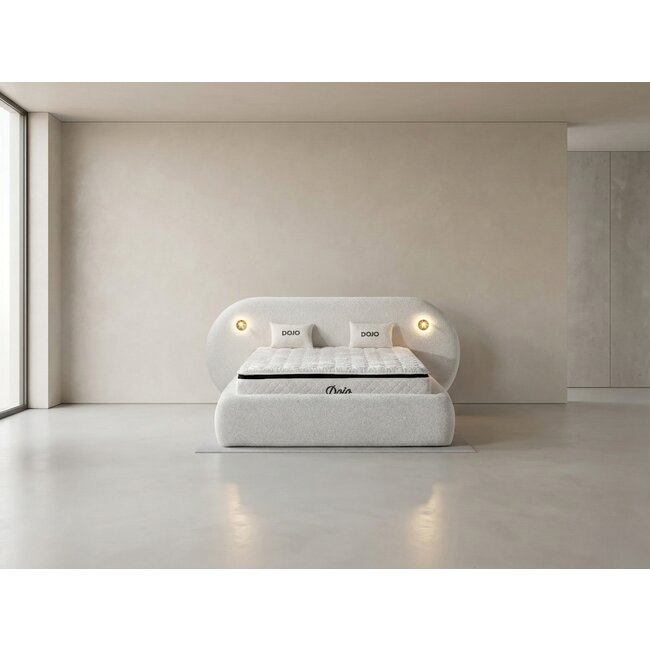 Pat tapițat cu Saltea Gratis, Dojo 140x200 cm crem cu somieră rabatabilă, ladă depozitare