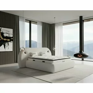 Pat tapițat cu Saltea Gratis,  Dojo 160x200 cm crem cu somieră rabatabilă, ladă depozitare