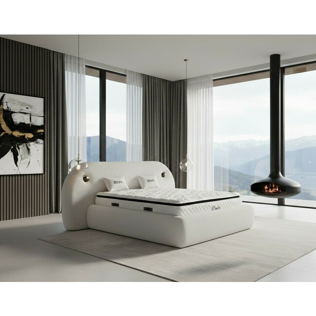 Pat tapițat cu Saltea Gratis, Dojo 160x200 cm crem cu somieră rabatabilă, ladă depozitare