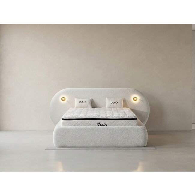 Pat tapițat cu Saltea Gratis, Dojo 200x200 cm crem cu somieră rabatabilă, ladă depozitare