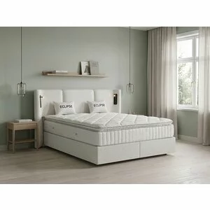 Pat tapițat cu Saltea Gratis,  Eclipse 140x200 cm crem cu somieră rabatabilă, ladă depozitare