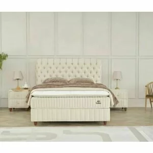 Pat Tapițat + Saltea gratis, Finesse, bej - 140x200 cm, somieră rabatabilă și ladă depozitare