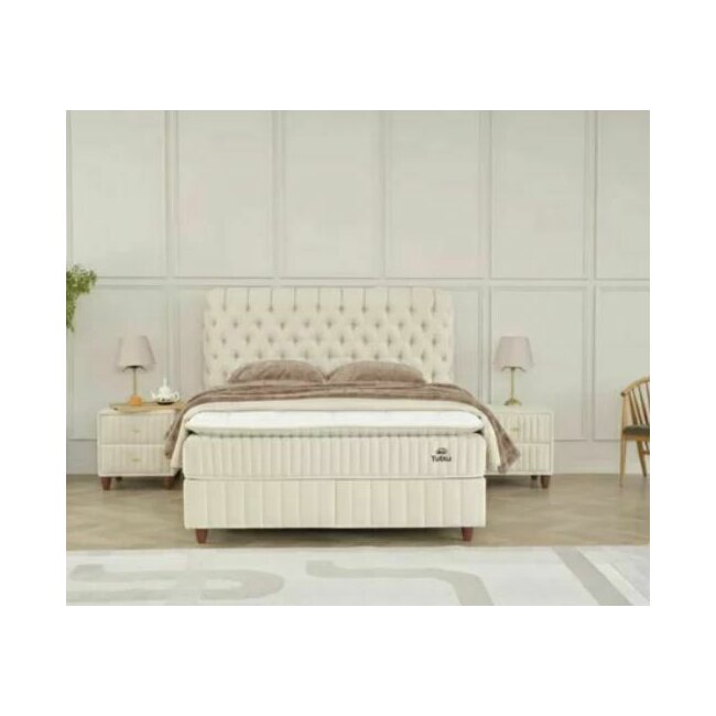 Pat Tapițat + Saltea gratis, Finesse, bej - 140x200 cm, somieră rabatabilă și ladă depozitare