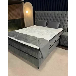 Pat Tapițat + Saltea gratis, Finesse, gri -140x200 cm, somieră rabatabilă și ladă depozitare