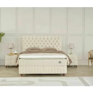 Pat Tapițat + Saltea gratis, Finesse, bej -180x200 cm, somieră rabatabilă și ladă depozitare